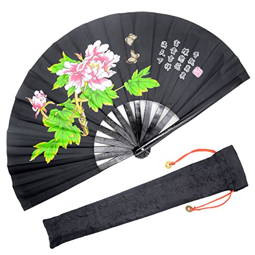 Large Folding Hand Fan with Fabric Case - Black Peony Rave & Festival Fan