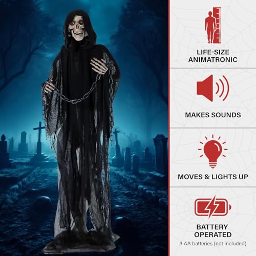 65-Inch Life-Size Grim Reaper Animatronic with Chain - Halloween Prop