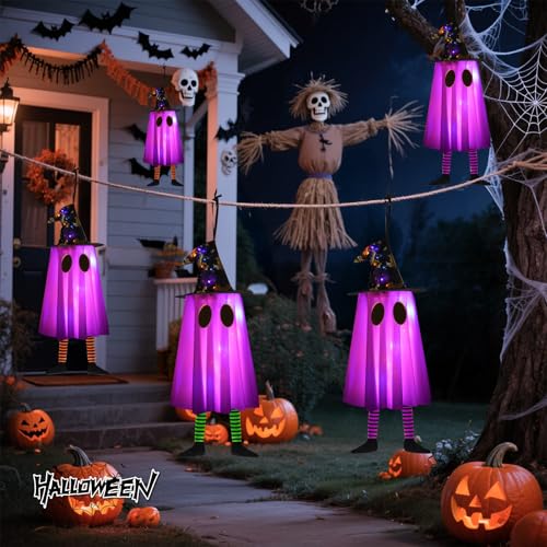 3-Pack Halloween Hanging Ghost Lights with Witch Hats - Outdoor Decor, Purple & Orange, Waterproof, Timer
