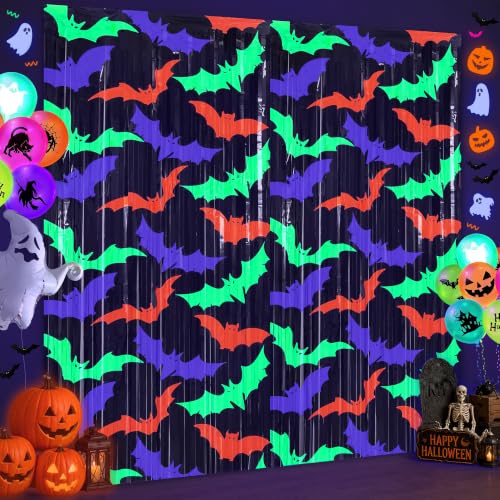 Glow Halloween Backdrop Curtains Neon Streamers Bat Pattern 3.3x6.6 FT - 2 Pack