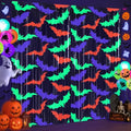 Glow Halloween Backdrop Curtains Neon Streamers Bat Pattern 3.3x6.6 FT - 2 Pack