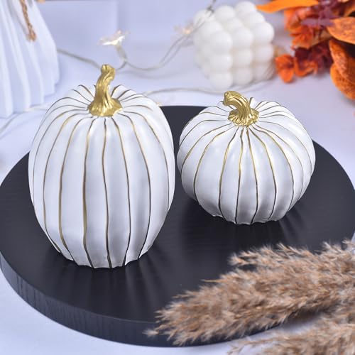 White Fall Pumpkin Decor Set - 2 Resin Pumpkins with Gold Stems for Home