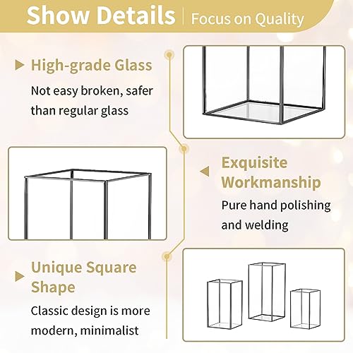 Glass Hurricane Candle Holders Set - Black Metal Rectangular Vases, 3 Sizes, 9.5, 8.1 & 6.5 Inch (Variation of THIS listing)