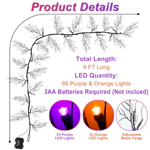 9Ft Lighted Halloween Garland Set C with 66 LED Orange & Purple Lights, 8 Modes & Timer