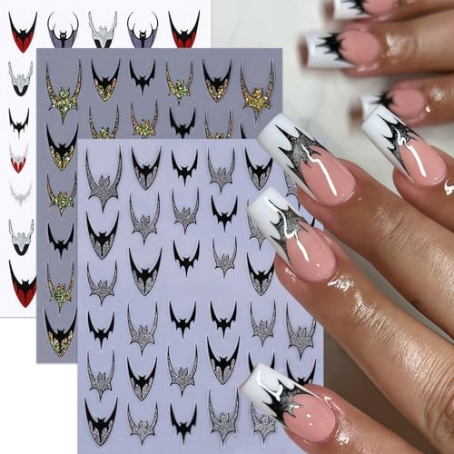 Halloween Glitter Bats Nail Stickers - 6 Sheets 3D Self-Adhesive Nail Art Decals