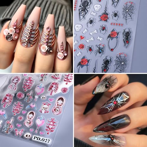 Halloween Nail Art Stickers 2 Sheets 5D Embossed Skeleton Heart Spider Web Decals