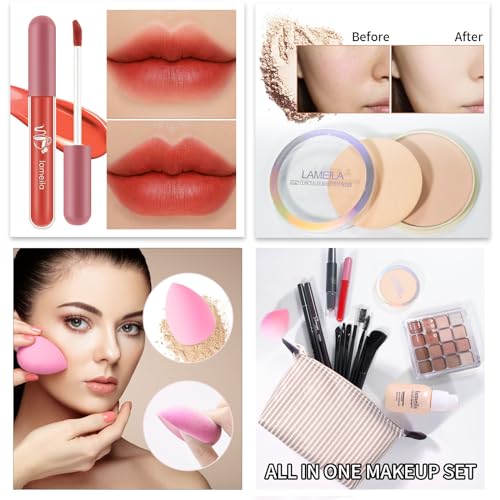 Full Makeup Set for Women & Teens - Eyeshadow, Foundation, Lip Gloss & Brushes