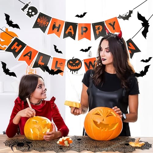 Halloween Decor Set - Mantel Scarf, Spider Table Runner, 3D Bats & Spiders, Happy Halloween Banner - Black 2