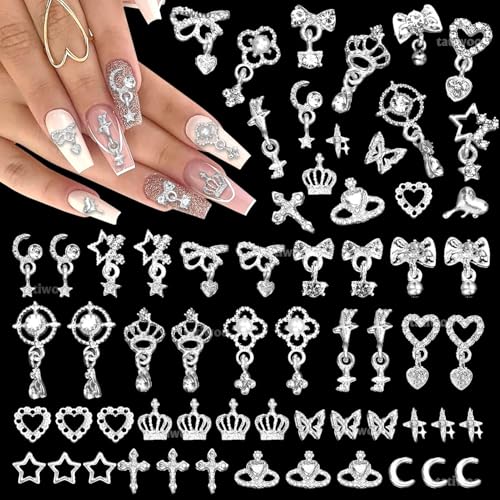 Silver-Set 1 100Pcs Nail Charms & Gems for Nails - Star, Heart, Bow, Crown