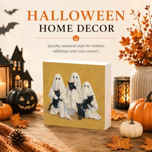 Halloween Wood Box Decor - Ghosts and Black Cats Sign - Style 34 - 5x5 Inch