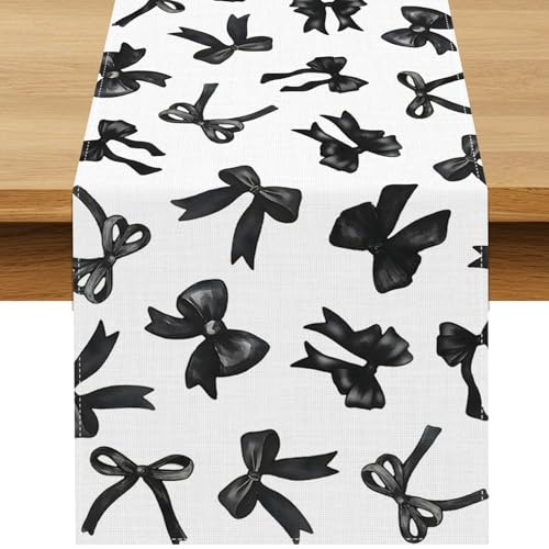 Black Bow Party Table Runner for Birthday Halloween Coquette Decor 13x72in