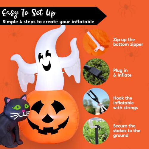 Halloween Inflatable Ghost with Pumpkin and Black Cat - Lighted Yard Decor - 5FT Outdoor Halloween Decoration - White, Orange & Black