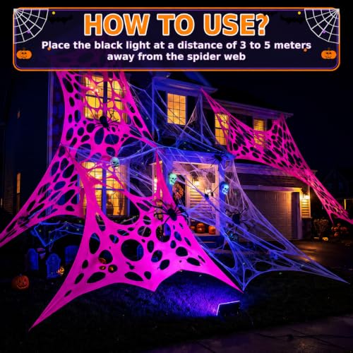 Glow in the Dark Spider Web Decoration with Mini Spiders - Fluorescent Red, 472 x 39 Inches - Halloween Outdoor Decor