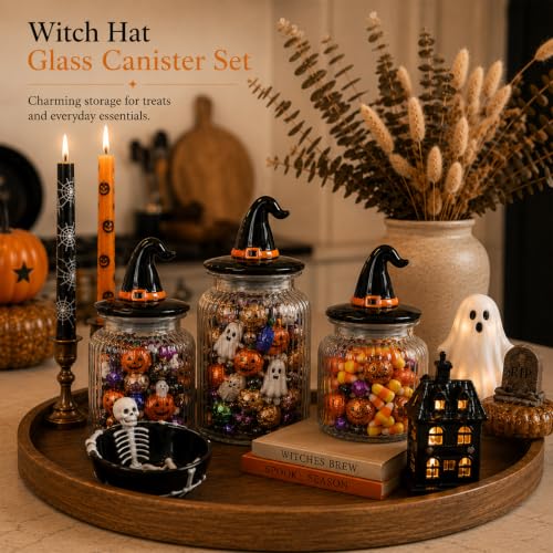 Halloween Glass Jar Set with Witch Hat Lids - Black & Orange Candy & Cookie Storage