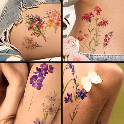 Watercolor Flower Temporary Tattoos Set - 40 Waterproof Sheets for Women