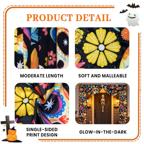 Dia De Los Muertos Porch Banner with Light - Sugar Skull & Floral Design, Ghost Lamp Variation