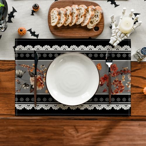 Black Floral Halloween Placemats Set of 4 - 12 x 18 Inch Rectangular