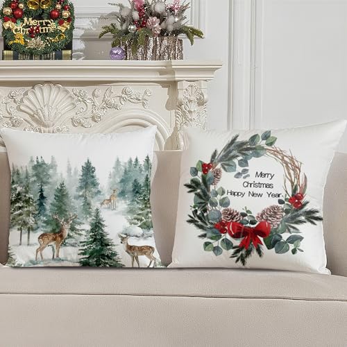 Christmas Pillow Covers Set of 4 - Festive Holiday Decorative Cushion Cases 18x18 Inch