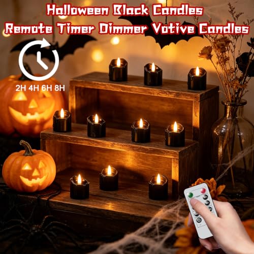 Wondise Halloween Black Real Wax Votive Candles with Remote Timer - 6pcs
