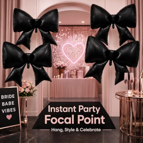 Black Bow Balloons Set - 4 Pieces 38 Inch Foil Decorations for Halloween & Birthday