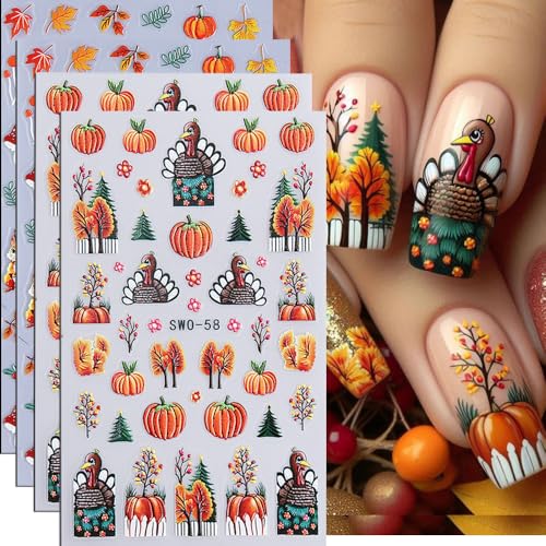 Fall Style 5 3D Nail Stickers for Autumn Nail Art Pumpkin Maple Leaf Tree Decals