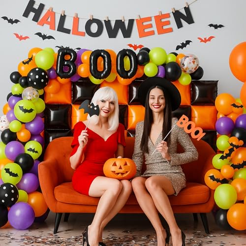 Halloween Balloon Wall Decor Kit - Black and Orange Foil & Latex Balloons, Bat Stickers &