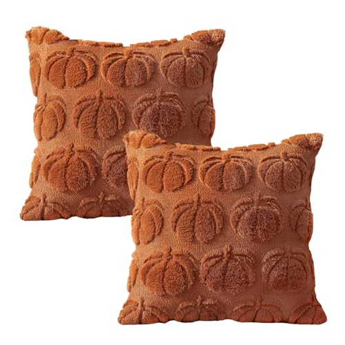 2-Pack Fall Throw Pillow Covers 18x18 Pumpkin Halloween Autumn Decor - Dark Rust