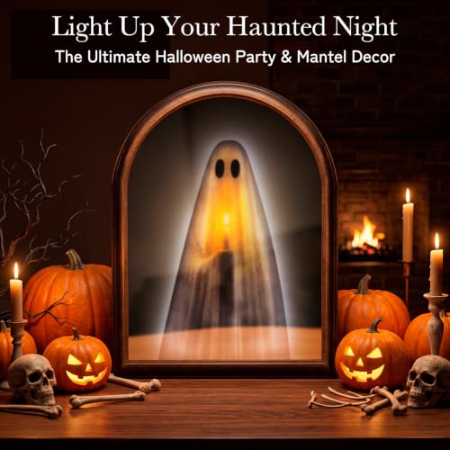 Halloween Ghost Mirror with Light-Up Spooky Glow 10.6x13.1 Inches - Tabletop Decor