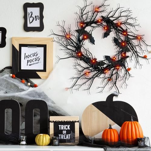 Halloween Black Branch Wreath with Bats - Handmade Seasonal Wall Decor