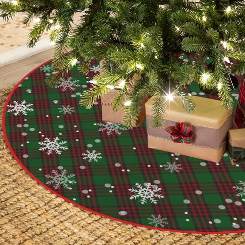 Christmas Tree Skirt 48 Inch Red Green Buffalo Plaid Snowflake Xmas Decor Xmas 04