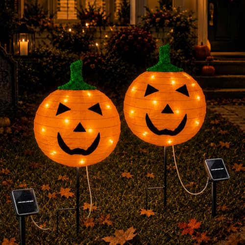 2 Pack Solar Halloween Pumpkin Stake Lights with 8 Modes - Fabric Lantern Yard Decor, Foldable Garden Lights for Lawn Patio Pathway & Party, Variation 2