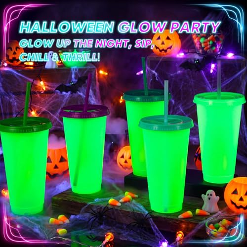 Glow in the Dark Halloween Cups with Colorful Lids - 15 Pack, 24 oz Reusable Drinkware