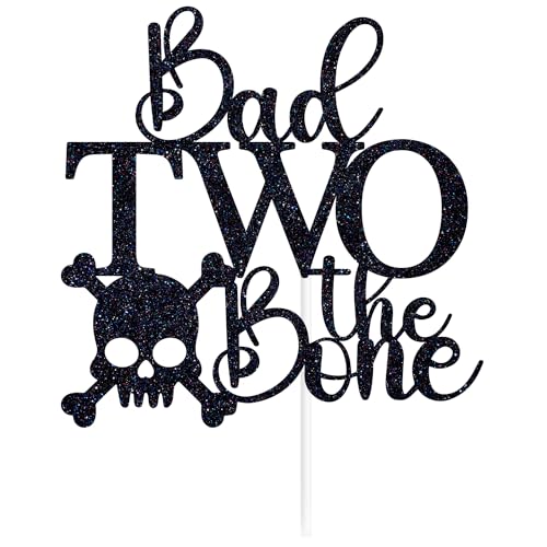 Black Glitter Bone Skull Cake Topper for 2nd Birthday Party - Rock & Roll Theme