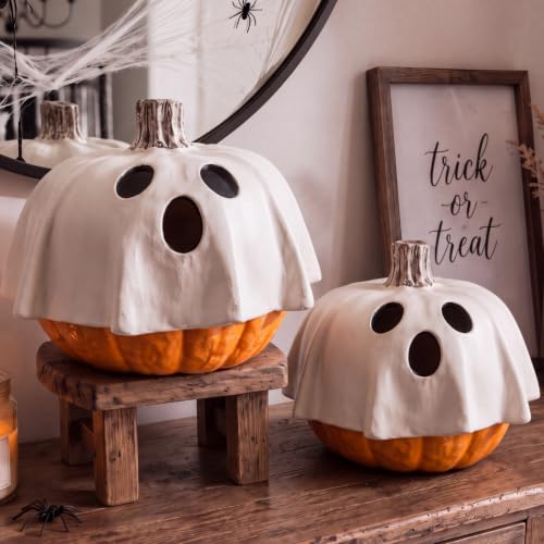 Halloween Ghost Pumpkin Decor Set - 7" & 6" Resin Figurines, Spooky Holiday Centerpieces