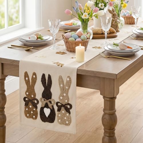 Easter Bunny Table Runner 13x72 Inch - Seasonal Spring Kitchen Decor, Brown Embroidery