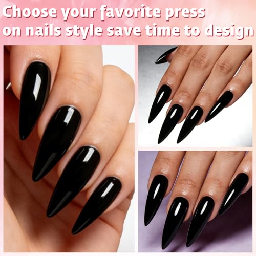 Black Long Stiletto Press On Nails Kit - 120pcs False Nails with Glue & Tools