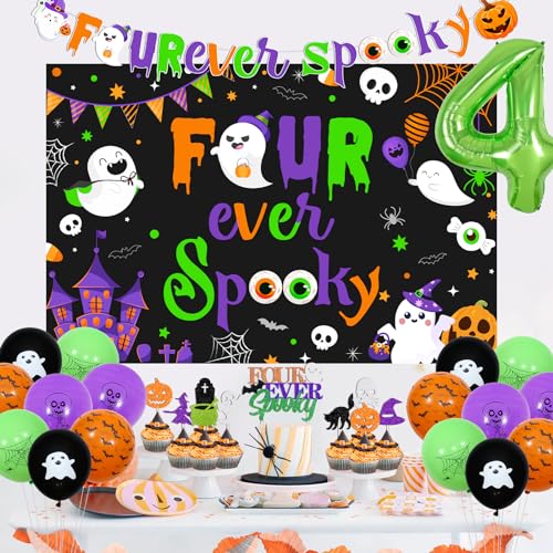 Halloween 4th Birthday Party Decoration Set - Purple Green Four Ever Spooky Backdrop Banner Cake Toppers