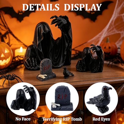 URROMA 4PCS Gothic Halloween Ghost & Crow Ornament Set - Black Tombstone & RIP Decor - Style 4