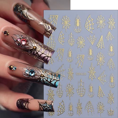 Halloween Nail Art Stickers Decals - 8 Sheets Spiders Webs Gold Silver Black White DIY Manicure
