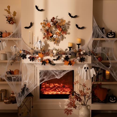 18-Inch Fall Halloween Wreath with Lights - White, Orange & Brown Door Decor