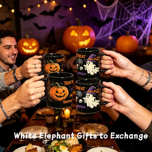 Halloween Coffee Mug - Trick or Treat Ghost Skeleton Bat Web - 11oz Black