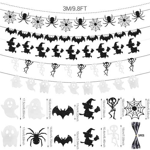 Halloween Bat Spider Ghost Skeleton Witches Glitter Banner Garland Set - 5 Pcs