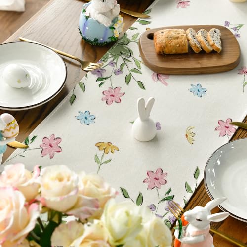 Easter Bunny Eggs Table Runner 13x72 Inch Seasonal Spring Kitchen Decor - Beige