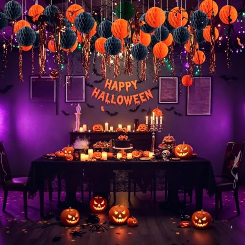 Halloween Paper Honeycomb Balls - 12pcs Black & Orange Hanging Decorations
