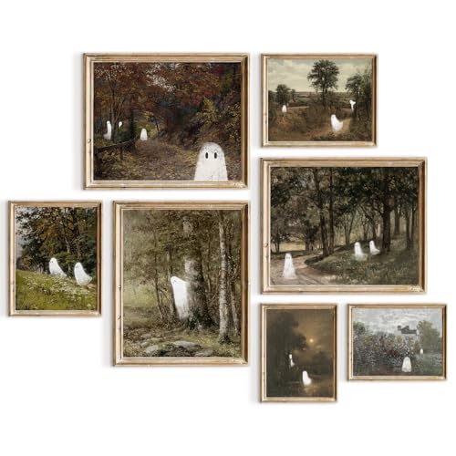 Halloween Wall Art Prints - Cute Ghost in Vintage Autumn Landscape - Fun Ghost Variation