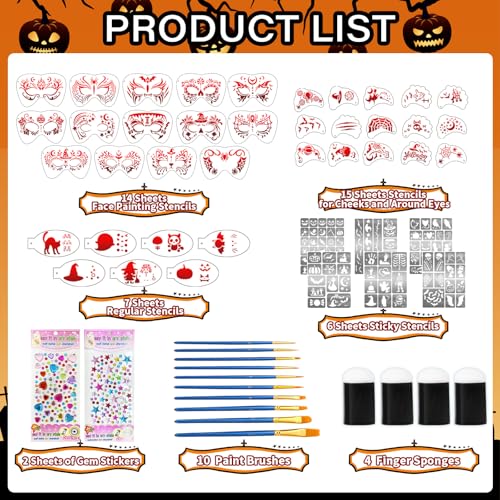 Metuu Red Halloween Face Paint Stencil Kit - Reusable Templates, Brushes & Accessories