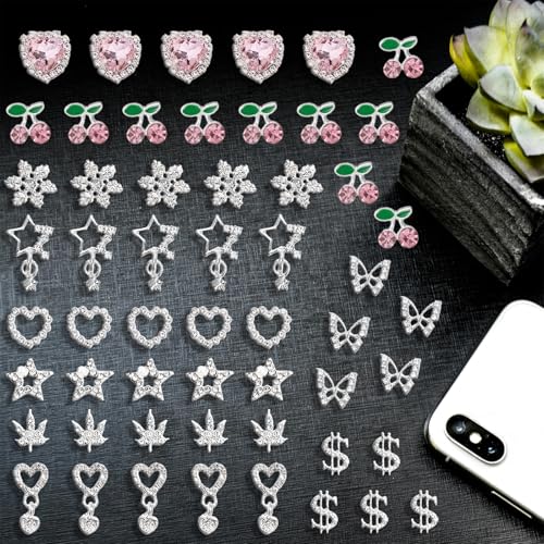 Silver-Pink Nail Charms Set - 55 Pieces Y2K Glitter Nail Art Accessories