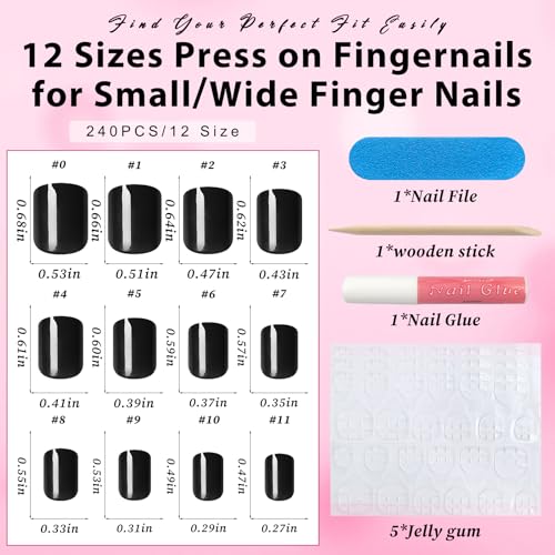 Black Extra Short Square Press On Nails with Glue Tabs - Timeless & Glossy