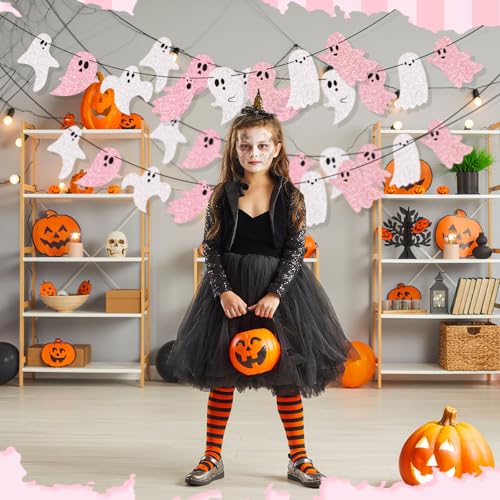 Pink Halloween Ghost Garland Banner - 8.2 ft, Glitter, 4 Pieces, Variation 4