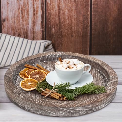 Washed White 11-Inch Round Wooden Decorative Tray for Coffee Table Centerpiece